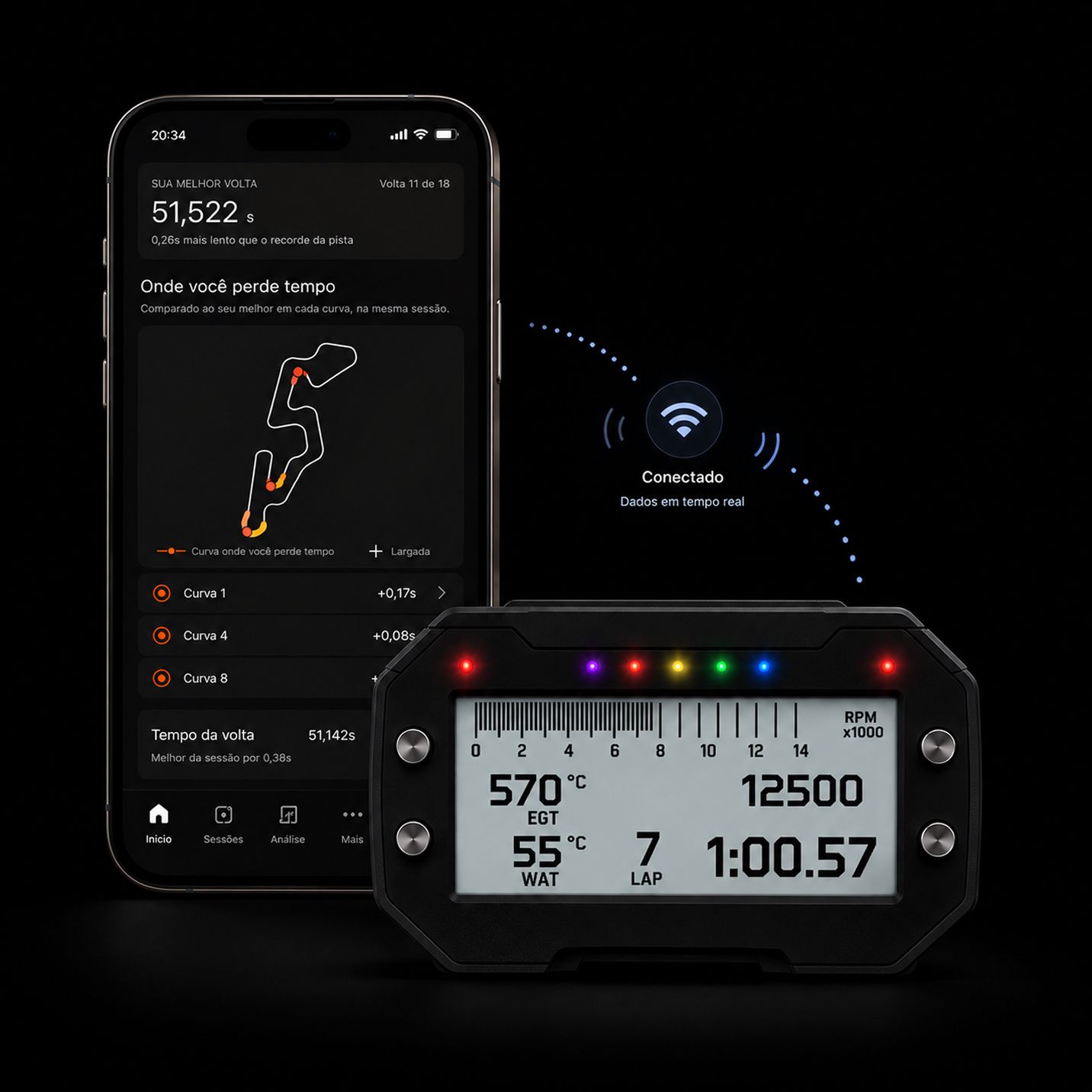 CronoKart no celular conectado ao MyChron por Wi-Fi. Resumo da sessão de exemplo no Kartódromo Ayrton Senna: melhor volta de 51,522s, as curvas onde você perde tempo.
